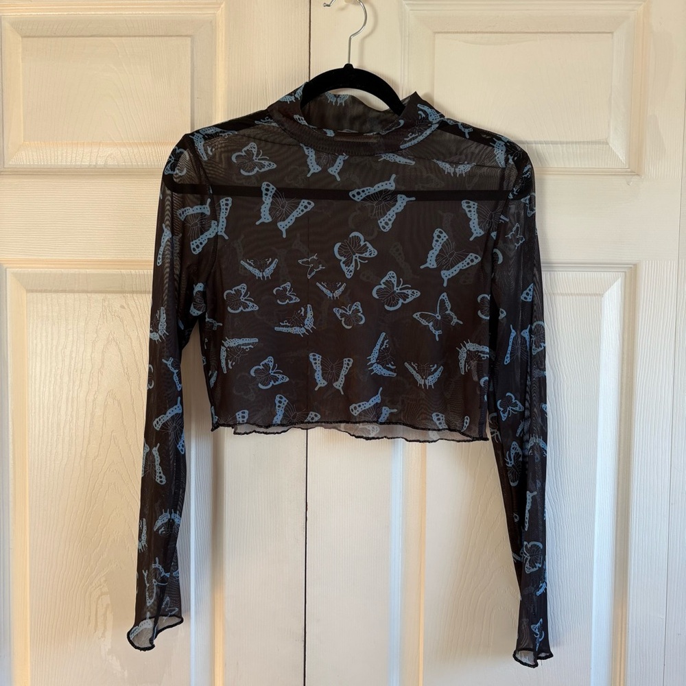 RomWe L Mesh Blue Butterfly Cropped Top Y2K Rave Festival Dark Romantic Whimsica